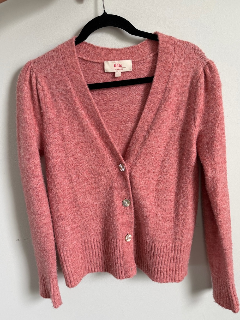 Kilte Ruthie Cardigan - Soft Pink Puffed Sleeve V-Neck Knit Sweater - Size small